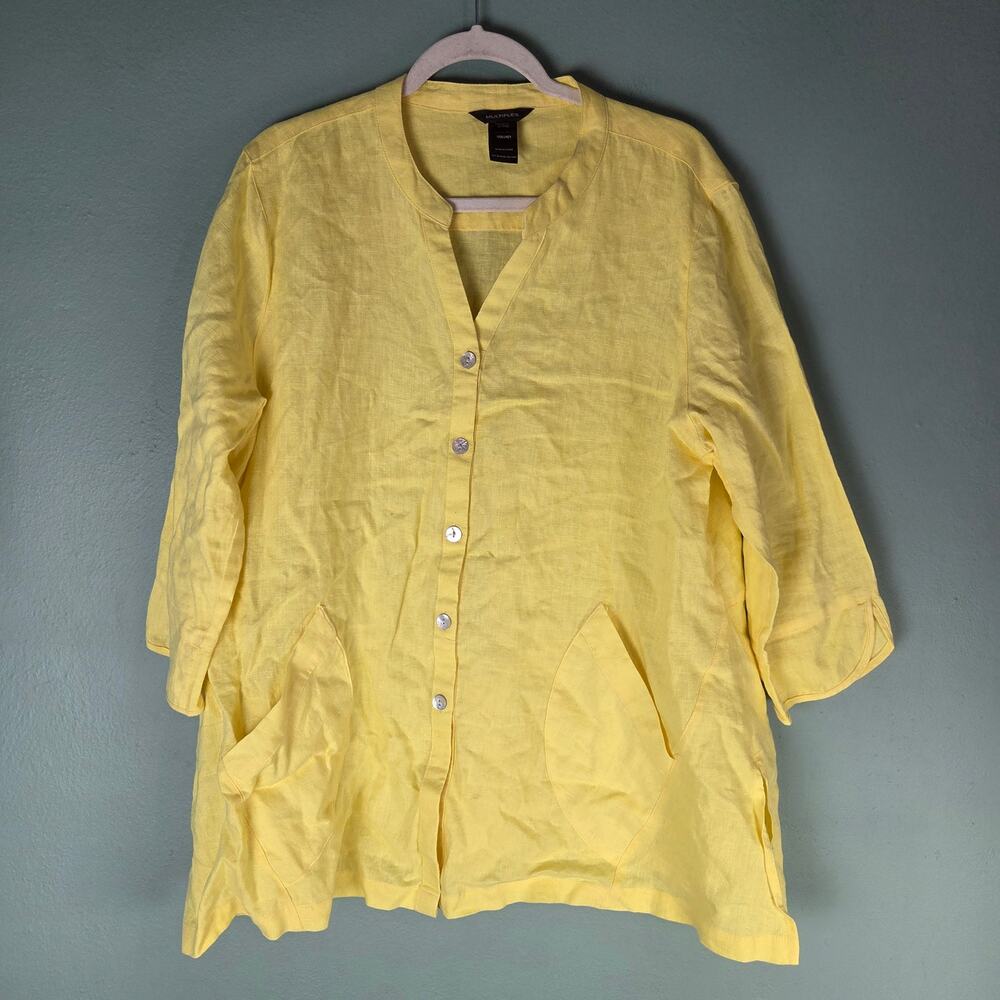 Multiples Womens XL Yellow Linen A-Line Tunic Top Lagenlook Relaxed Chic Spring